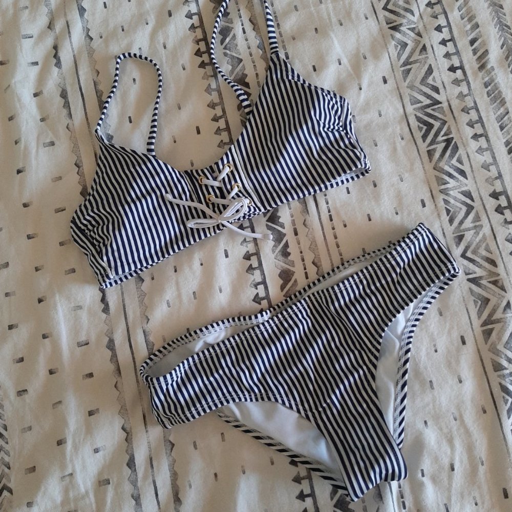 Xhilaration Juniors Nautical Stripe Faux Tie Bikini Set